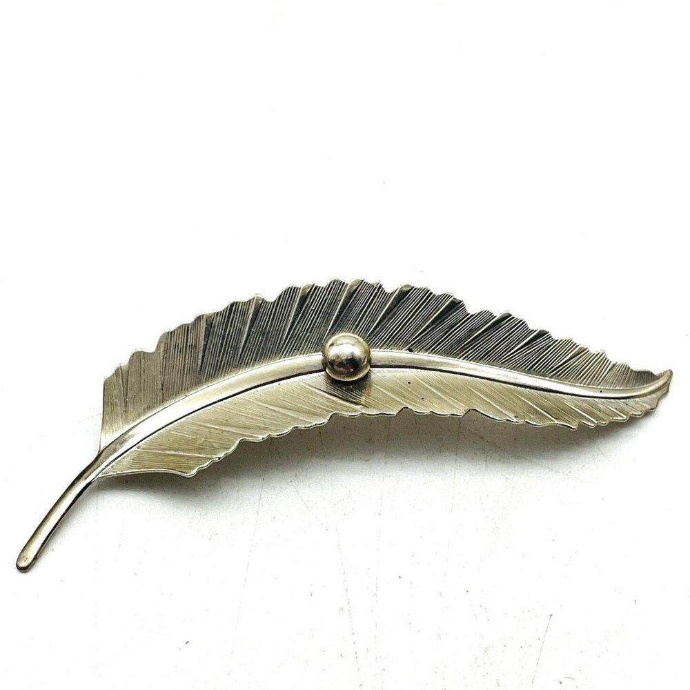Vintage Silver Tone Feather Brooch Dewdrop Leaf Nature Minimalist